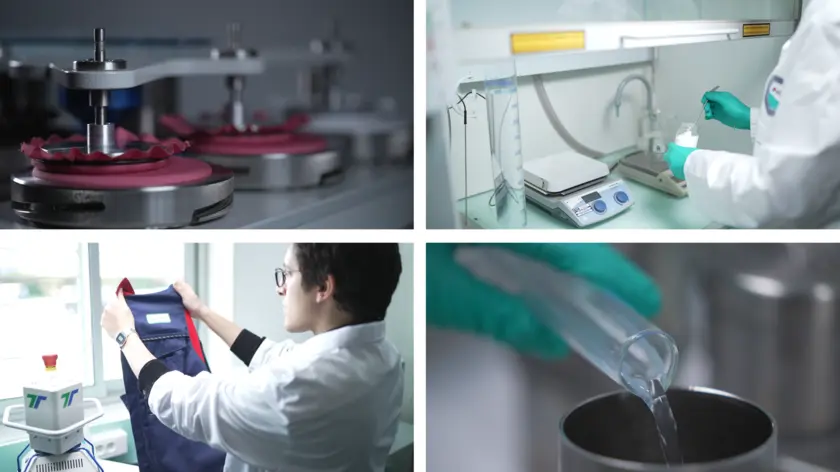 A collage of four images showing textile quality control in a laboratory: a machine testing fabric, a scientist measuring chemicals, a technician inspecting a garment, and liquid being poured from a test tube.